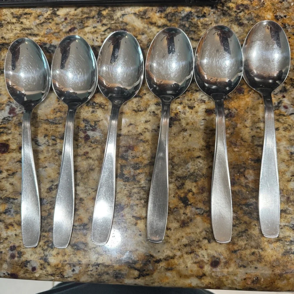 Set of 6 Stainless Steel Tablespoons Modern Satin Finish Flatware Spoons